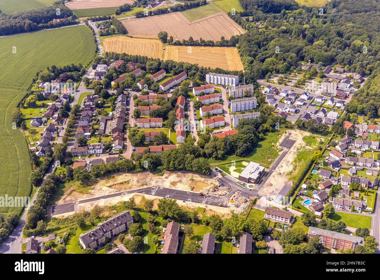 Aerial view, construction site AWO kindergarten and new housing estate