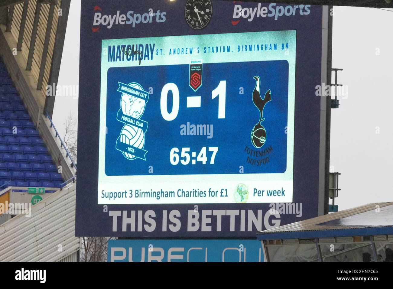 Scoreboard, Birmingham City 0-1 Tottenham Hotspur Stock Photo
