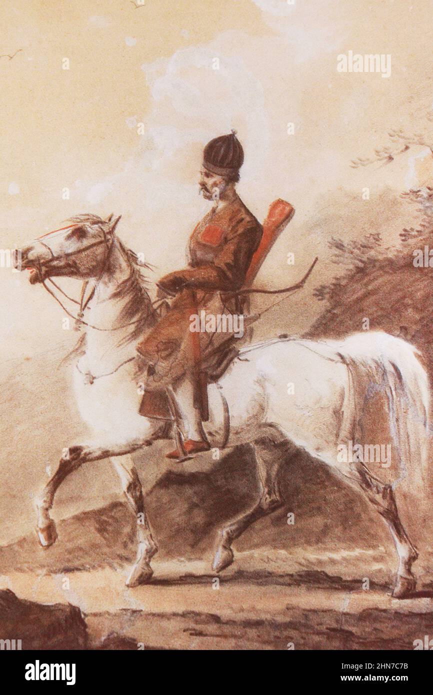 Circassian horsemen. Engraving from 1814. Stock Photo