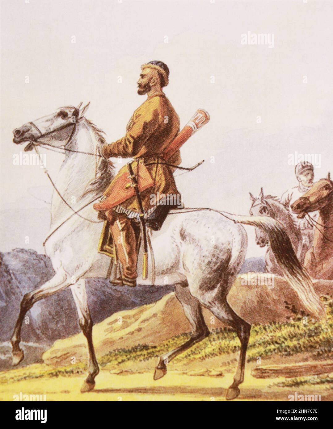 Circassian horsemen. Engraving from 1814. Stock Photo