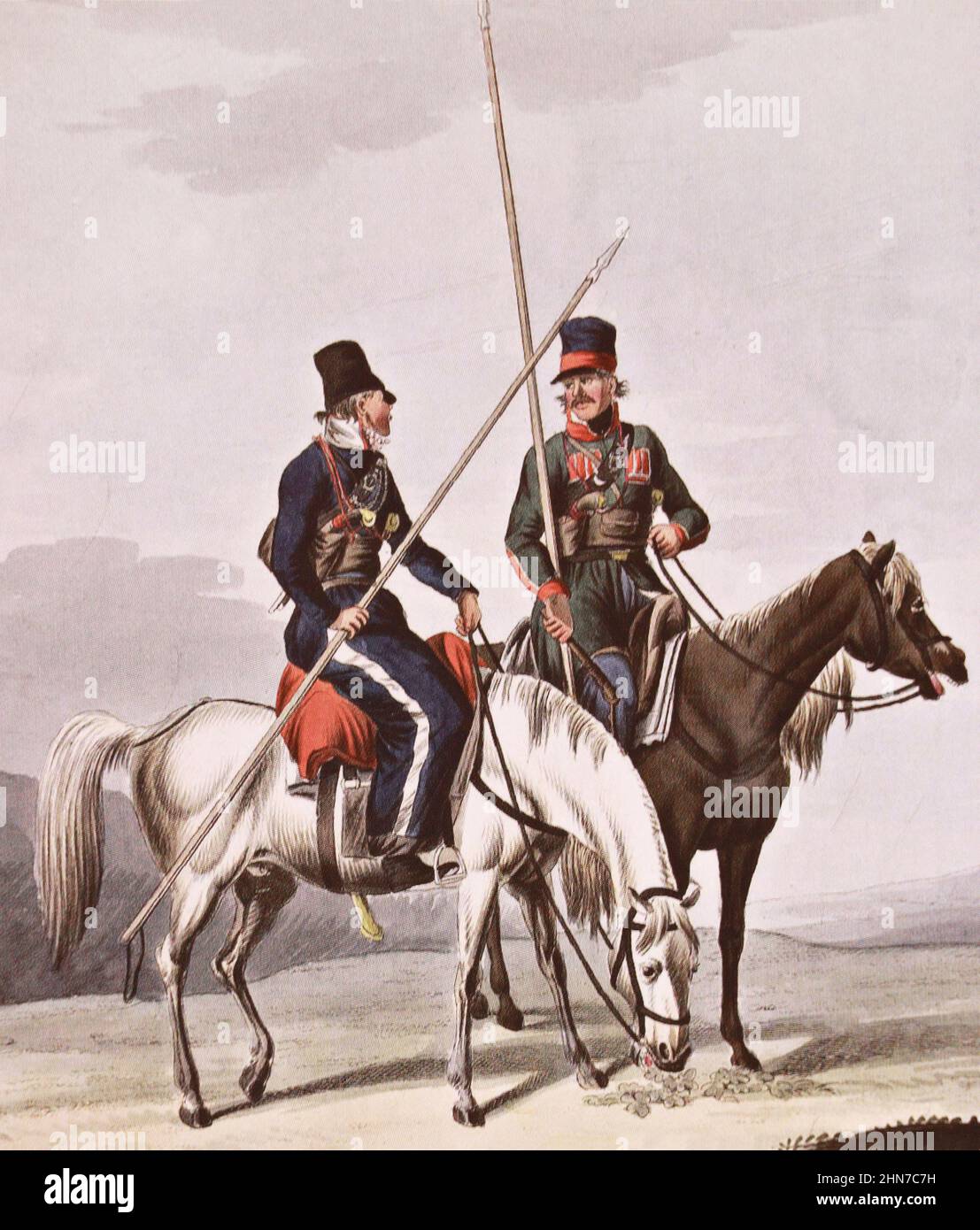 Cossack of the Don Cossack regiments and a Cossack of the Crimean Tatar horse regiments. Engraving from 1814. Stock Photo