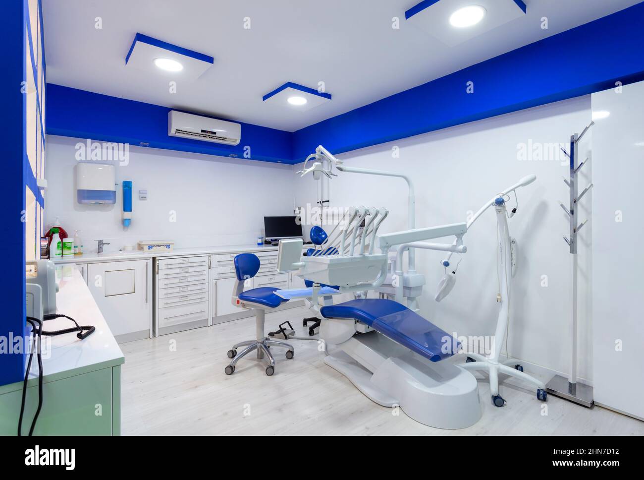 dental room in white and blue of a clinic in Spain Stock Photo Alamy