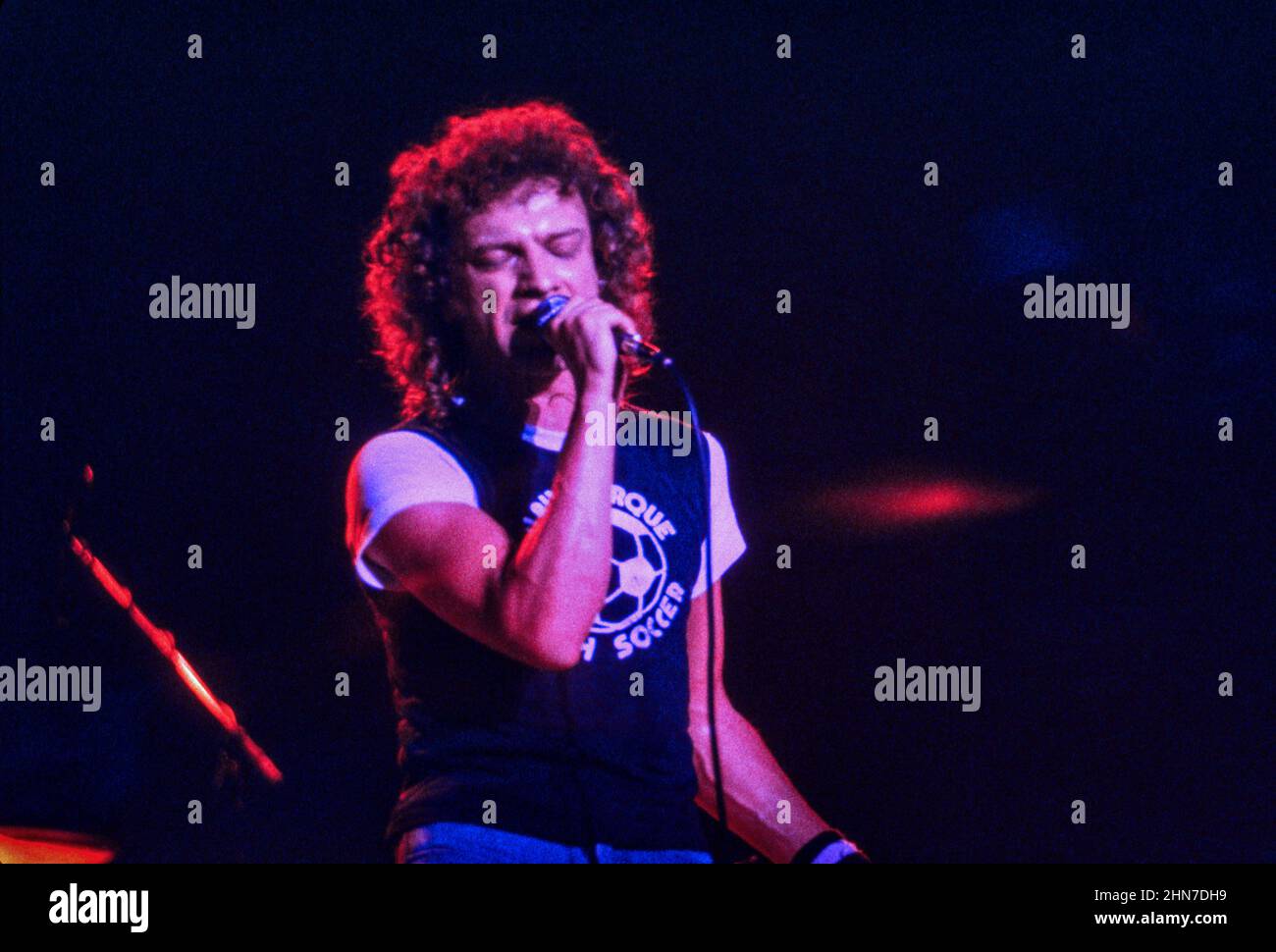 Singer Lou Gramm of Anglo-American band Foreigner performing at Wembley Arena, London in 1985. Stock Photo