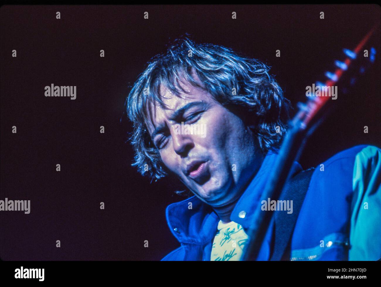 Guitarist Mick Jones of Anglo-American band Foreigner performing at Wembley Arena, London in 1985. Stock Photo