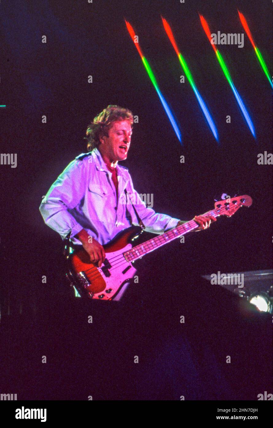 Bassist Rick Wills of Anglo-American band Foreigner performing at Wembley Arena, London in 1985. Stock Photo