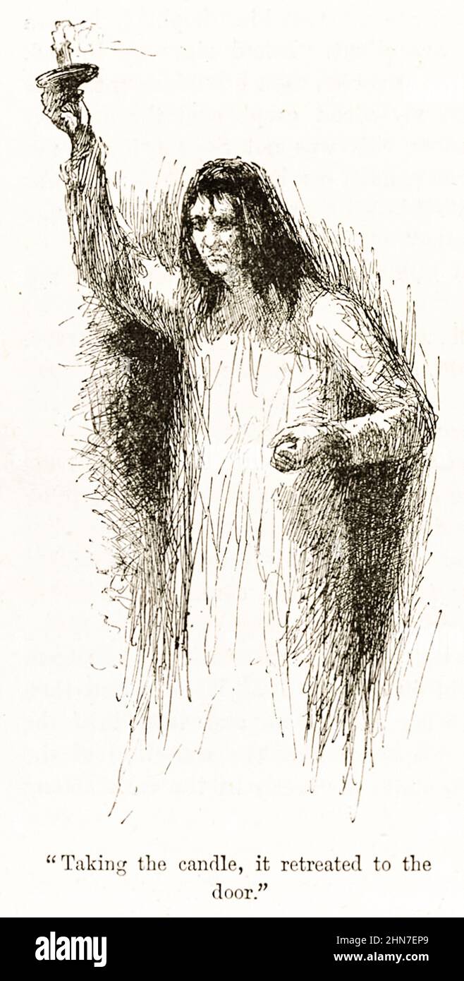 “Taking the candle, it retreated to the door” from Jane Eyre by Charlotte Brontë (1816-1855) illustration by Edmund Garrett (1853-1929). Photograph of an original illustration from a book published in 1897. Stock Photo