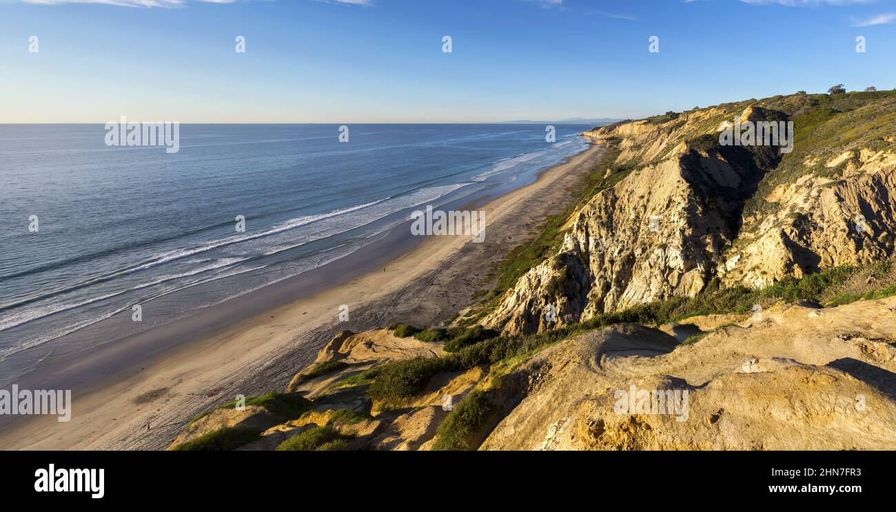 Torrey Pines State Beach Aerial Landscape View.  Southern California Pacific Ocean Coastline Eroded Sandstone Cliffs north of San Diego Stock Photo