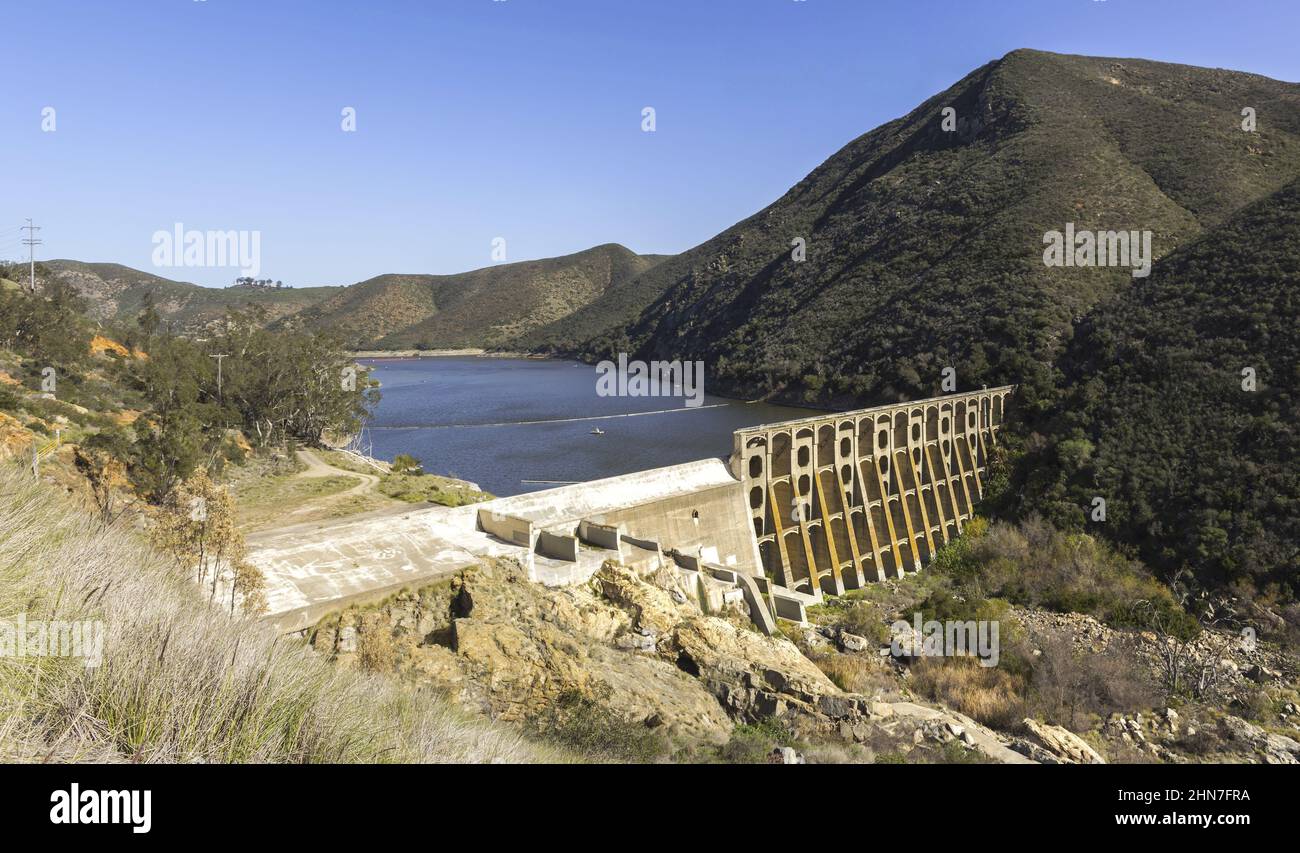 Hydroelectric Multiple Arch Concrete Dam Lake Hodges Aerial View from above San Dieguito River Park. Escondido, San Diego County Southern California Stock Photo
