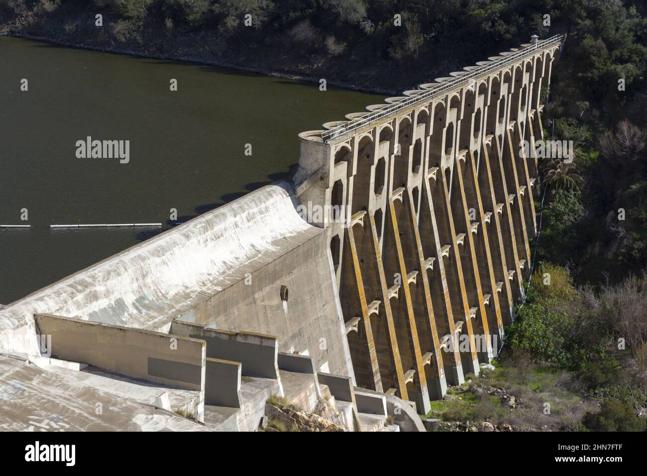 Hydroelectric Multiple Arch Concrete Dam Lake Hodges Aerial View from above San Dieguito River Park. Escondido, San Diego County Southern California Stock Photo