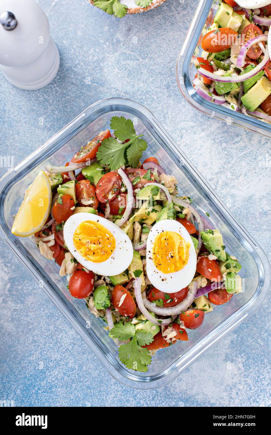 https://c8.alamy.com/comp/2HN7G0H/meal-prep-containers-with-avocado-tuna-salad-and-boiled-egg-2HN7G0H.jpg