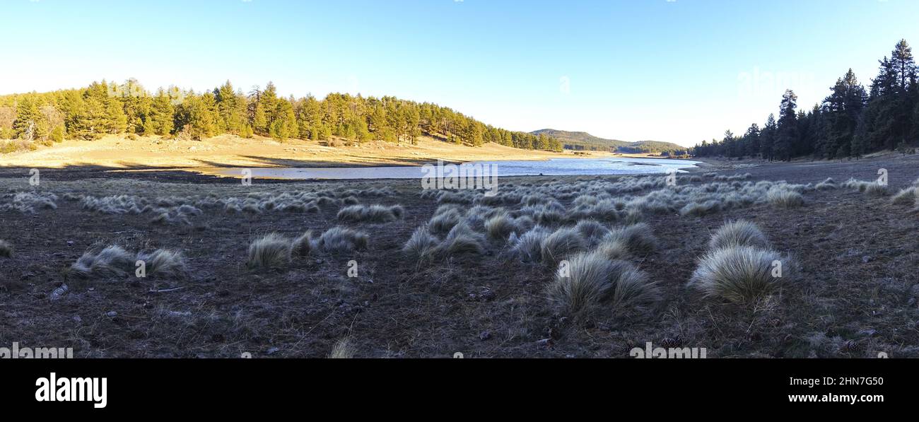 Big Laguna Lake Shore Grassland and Alpine Meadows Panoramic Landscape. Scenic Hiking Cleveland National Forest, Southern California Sunny Winter Day Stock Photo