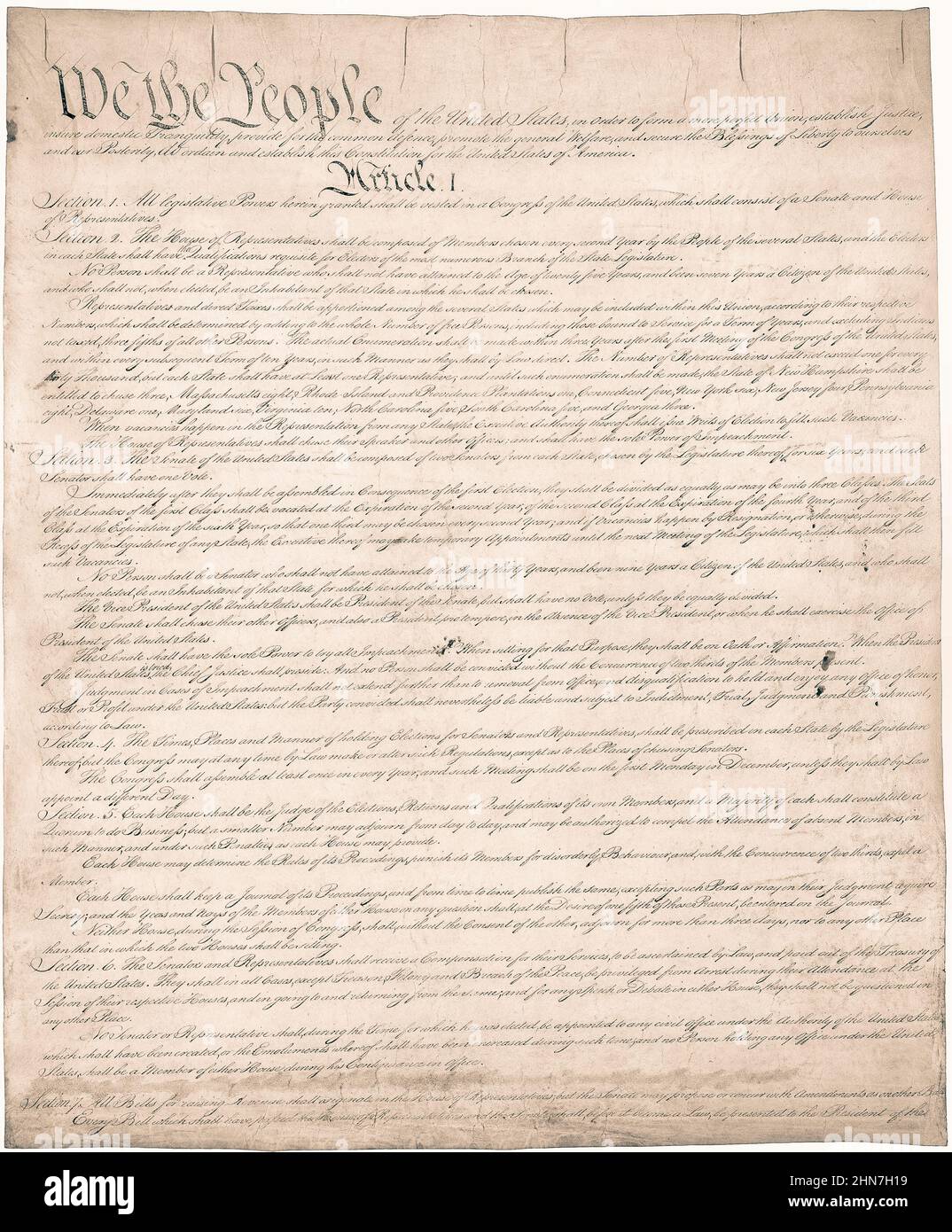 The Constitution of the United States. We the People of the United States, in Order to form a more perfect Union, establish Justice, insure domestic Tranquility, provide for the common defence, promote the general Welfare, and secure the Blessings of Liberty to ourselves and our Posterity, do ordain and establish this Constitution for the United States of America. --Preamble to the United States Constitution Stock Photo