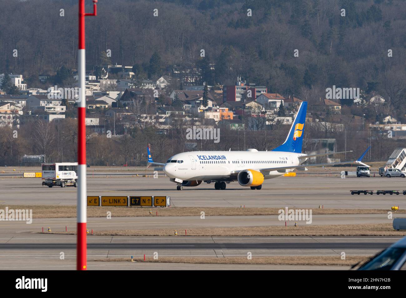 Zurich, Switzerland, February 10, 2022 Icelandair Boeing 737-8 MAX aircraft is taxiing to its position at the international airport Stock Photo