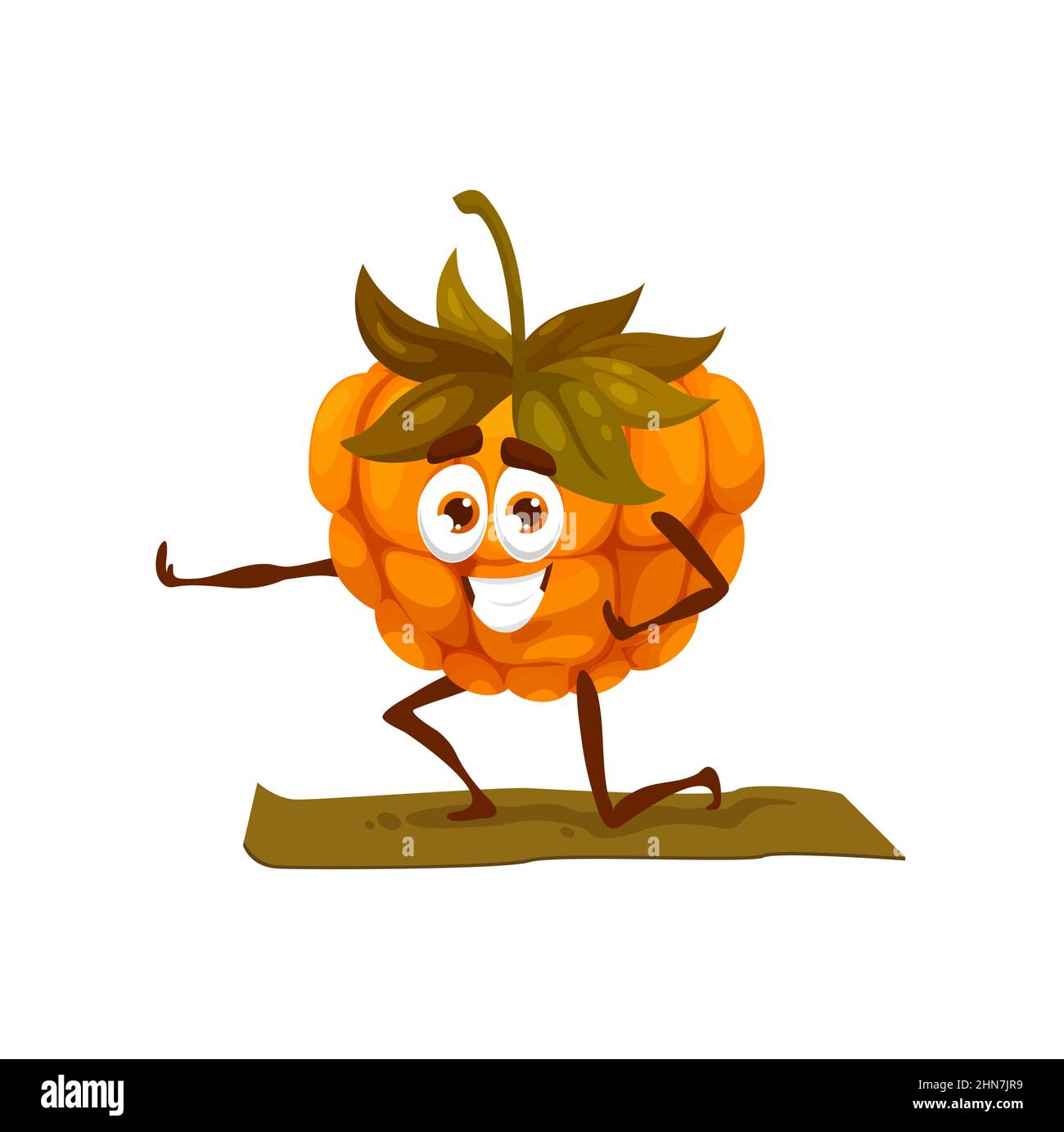 Cartoon cloudberry fruit character personage on yoga or pilates fitness ...