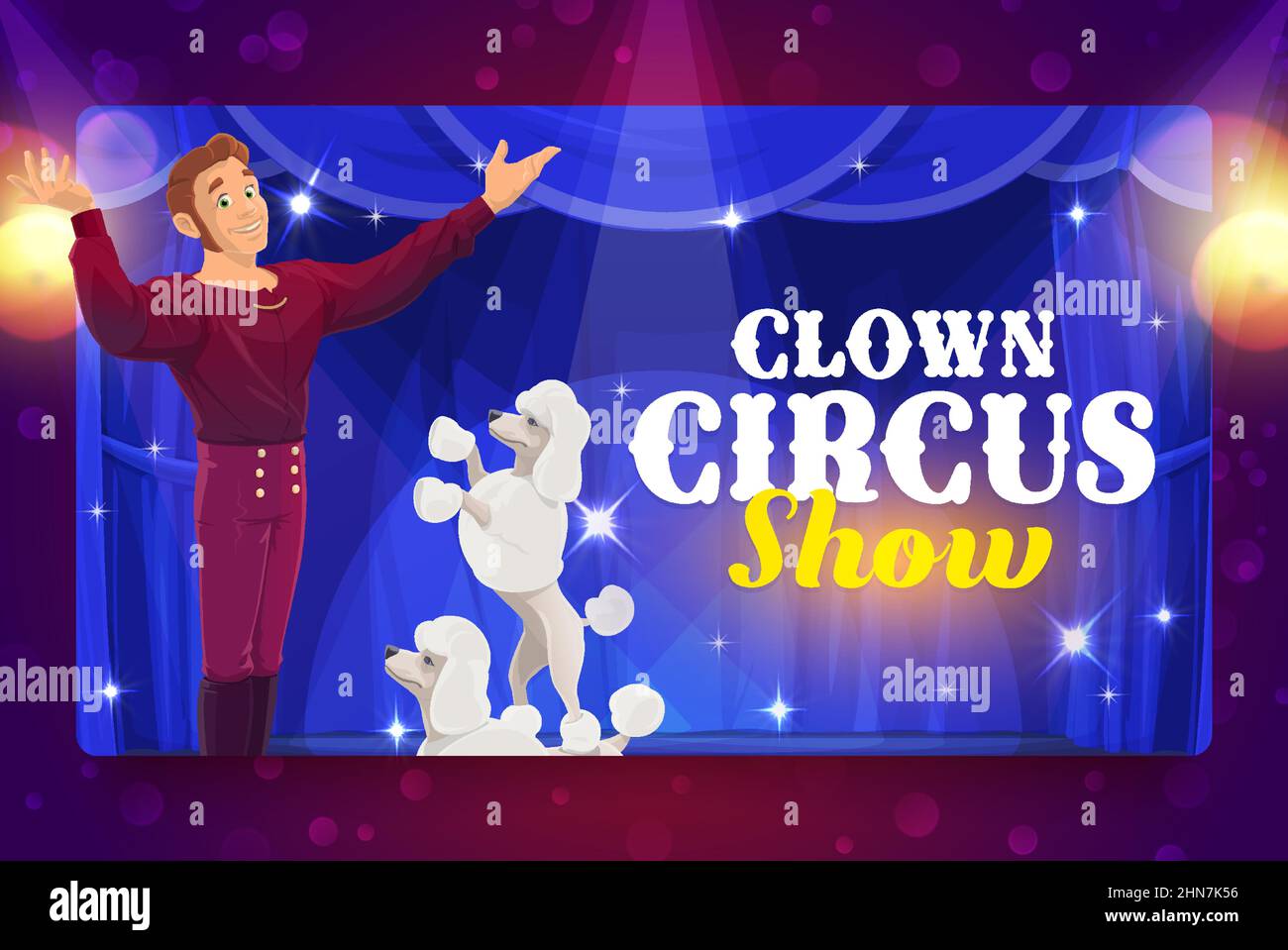 Shapito circus cartoon trainer and poodles on stage vector banner of ...
