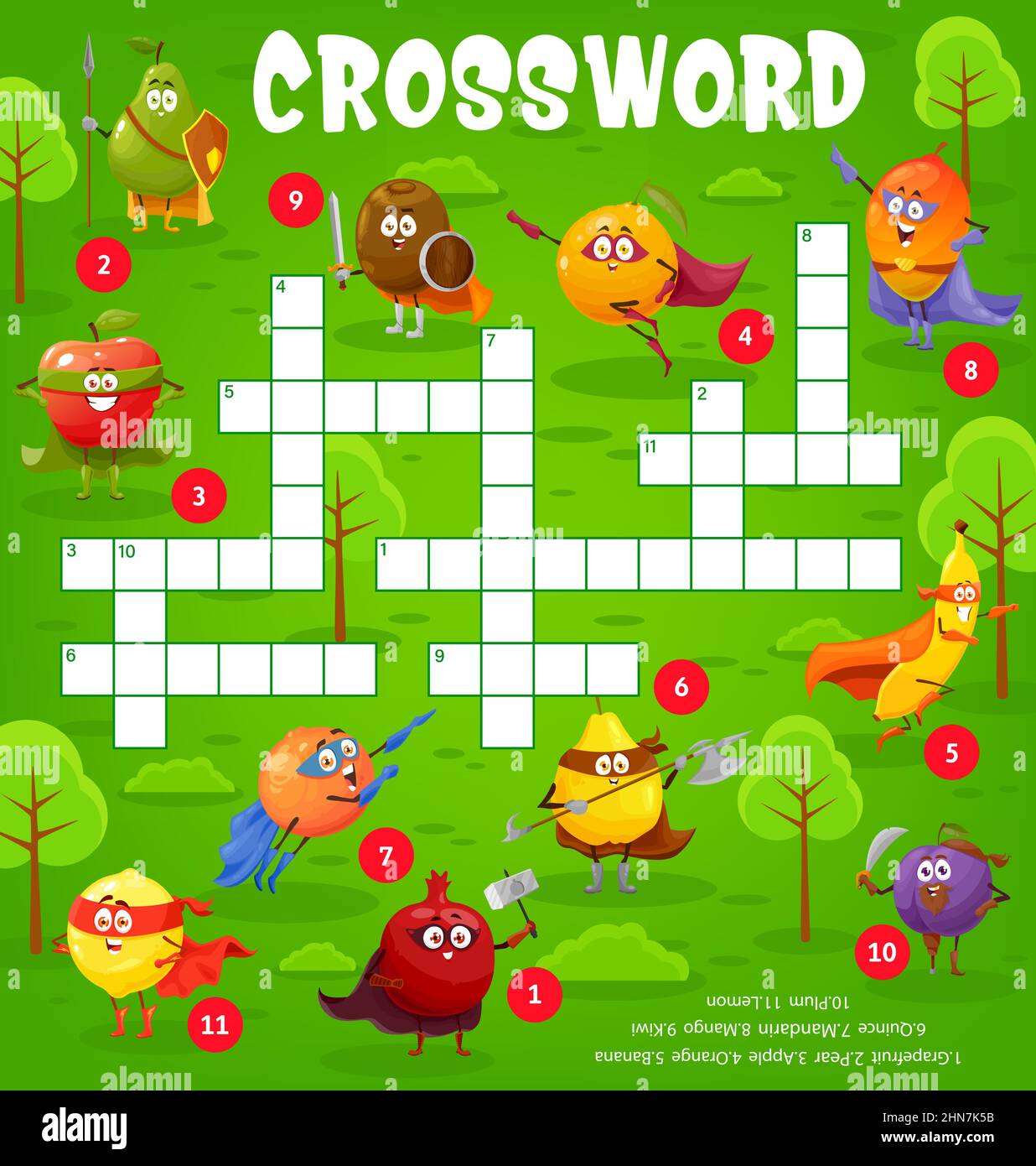 Crossword worksheet with cartoon fruits superhero, guard and defender