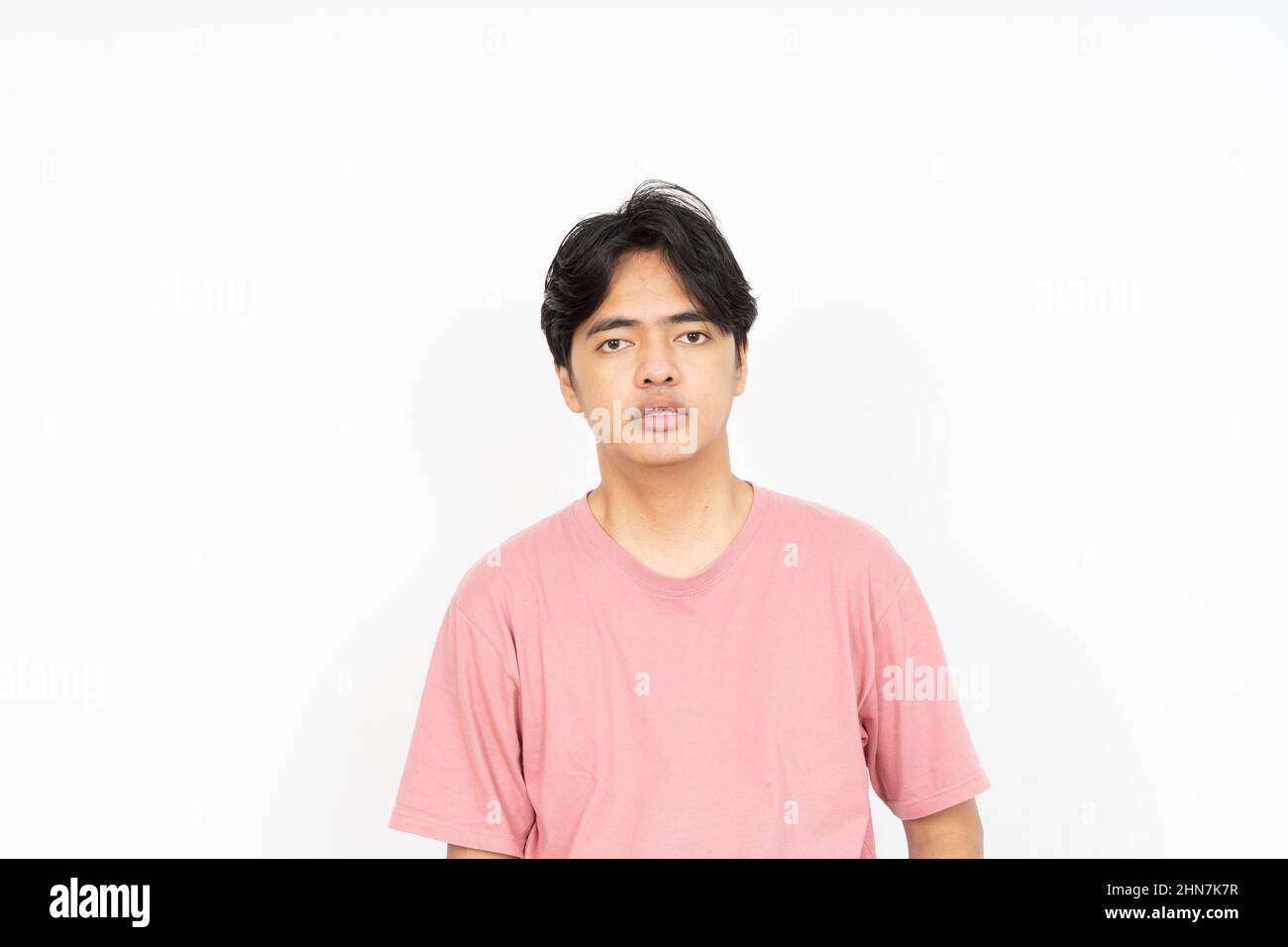 flat face of handsome asian man Wearing T-shirt isolated on white background Stock Photo