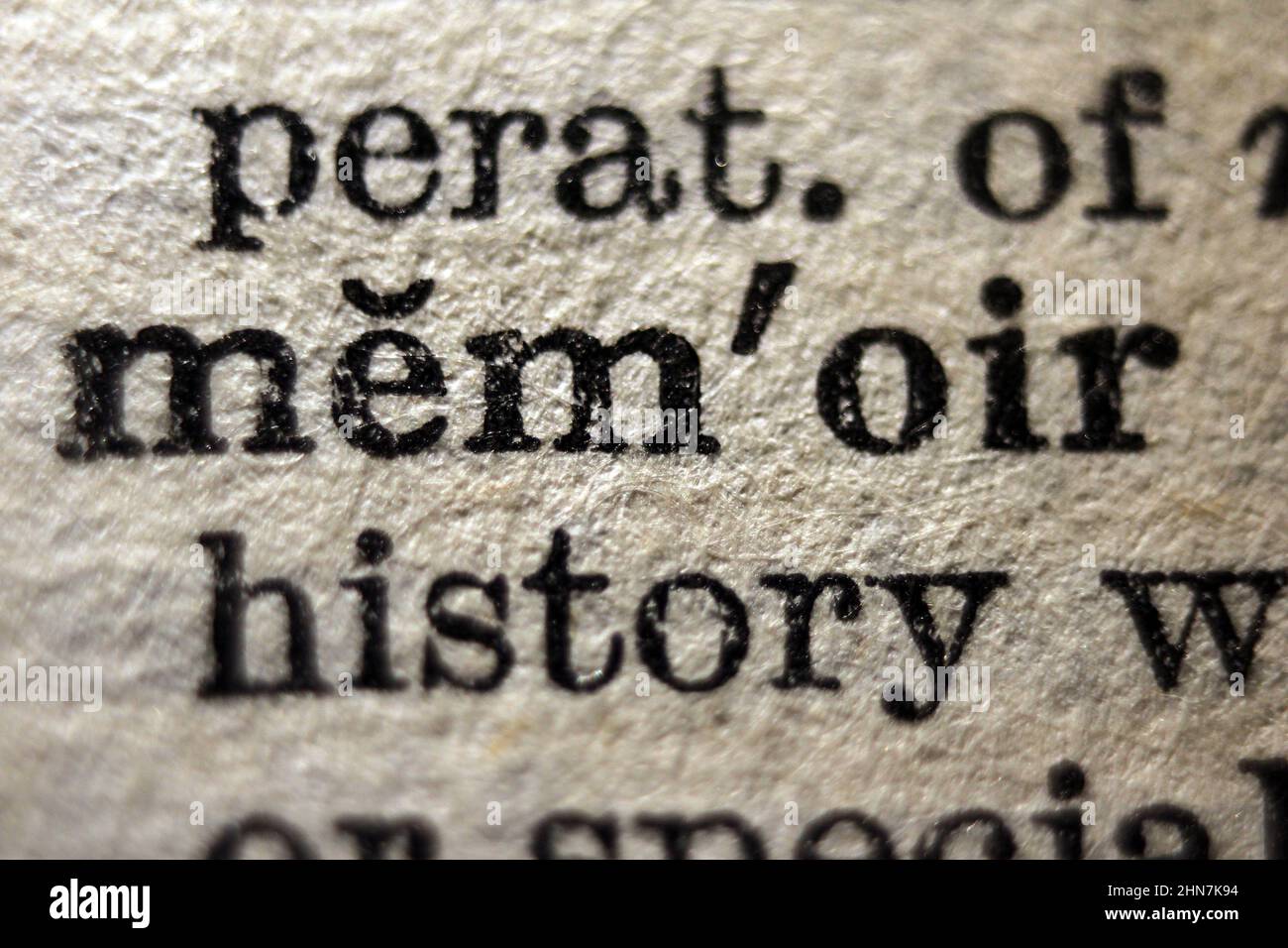 Word 'memoir' printed on dictionary page, macro close-up Stock Photo