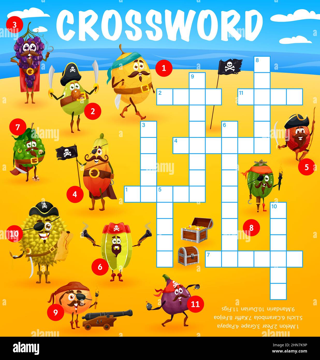 Crossword grid worksheet, find a word quiz. Cartoon funny pirate and