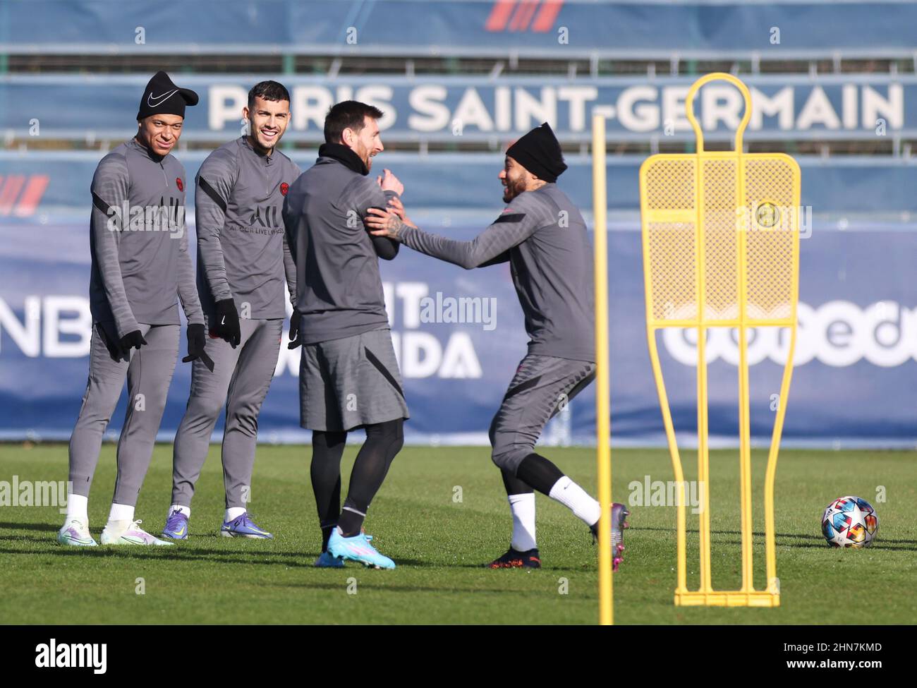 Paris, France. 14th Feb, 2022. Paris Saint-Germain's Kylian Mbappe (1st L), Lionel Messi (2nd R), Neymar (1st R) attend a training session in Paris, France on Feb. 14, 2022, the eve of the UEFA Champions League round of 16 football match between PSG and Real Madrid. Credit: Gao Jing/Xinhua/Alamy Live News Stock Photo
