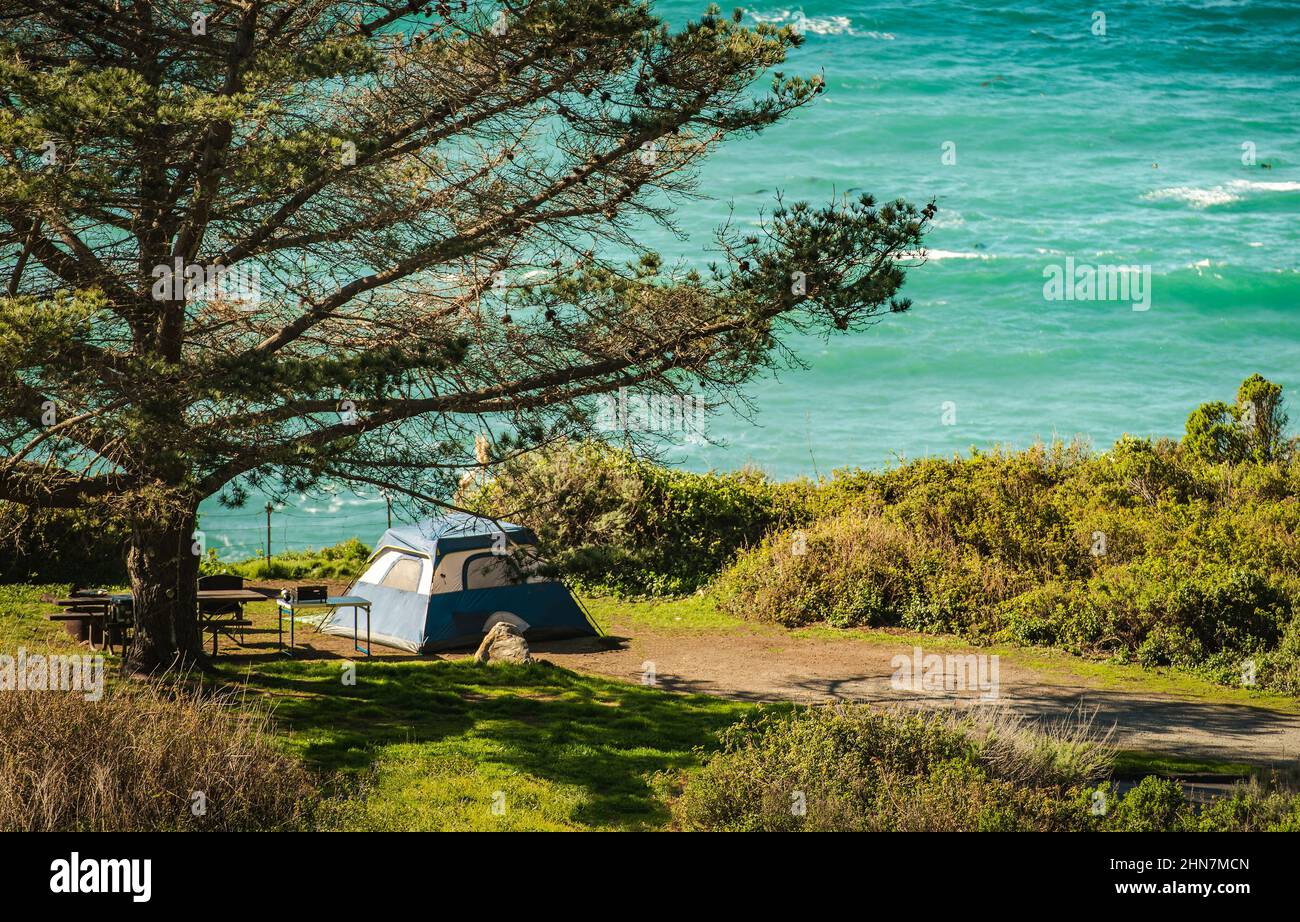 California Scenic Ocean Coast Tent Camping. Campsite Next to the Sea. Summer Getaway. Stock Photo