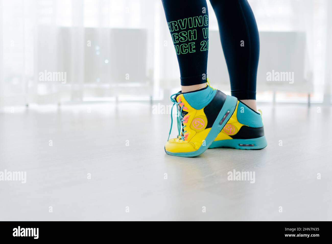 light blue yellow sneakers for active sports, shoes for zumba. Concept