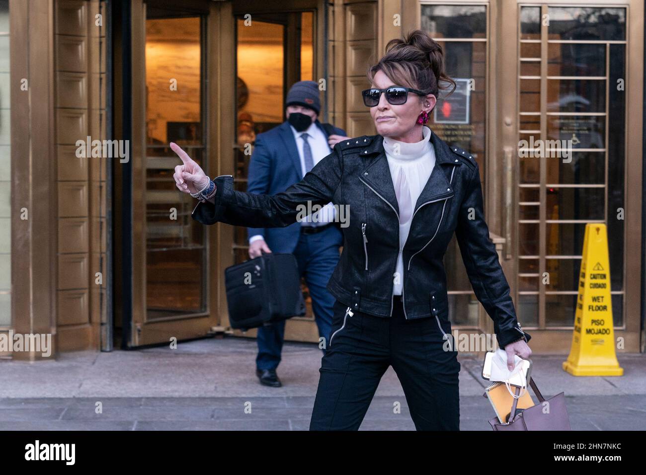 New York, USA. 14th Feb, 2022. Sarah Palin, former Governor of Alaska leaves court after judge Jed Rakoff dismissed her libel case against The New York Times at U.S. Southern District Court in New York on february 14, 2022. She briefly addressed the media in front of the court. The jury is still deliberating as the judge made his decision apparently did not know about it. The judge said Palin had failed to show that The New York Times had acted out of malice. (Photo by Lev Radin/Sipa USA) Credit: Sipa USA/Alamy Live News Stock Photo