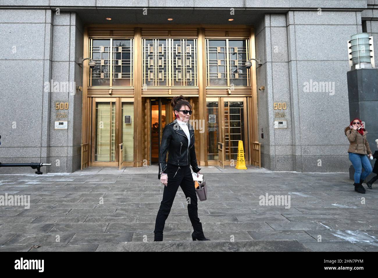 New York, USA. 14th Feb, 2022. Former Alaska Gov. Sarah Palin is seen leaving the U.S. District Court, in New York, NY, February 14, 2022. U.S. District Judge Jed Rakoff ruled that he will dismiss a libel lawsuit that Palin filed against The New York Times while the jury was still deliberating; Palin is claiming The New York Times damaged her reputation with an editorial falsely linking her campaign rhetoric to a mass shooting. (Photo by Anthony Behar/Sipa USA) Credit: Sipa USA/Alamy Live News Stock Photo