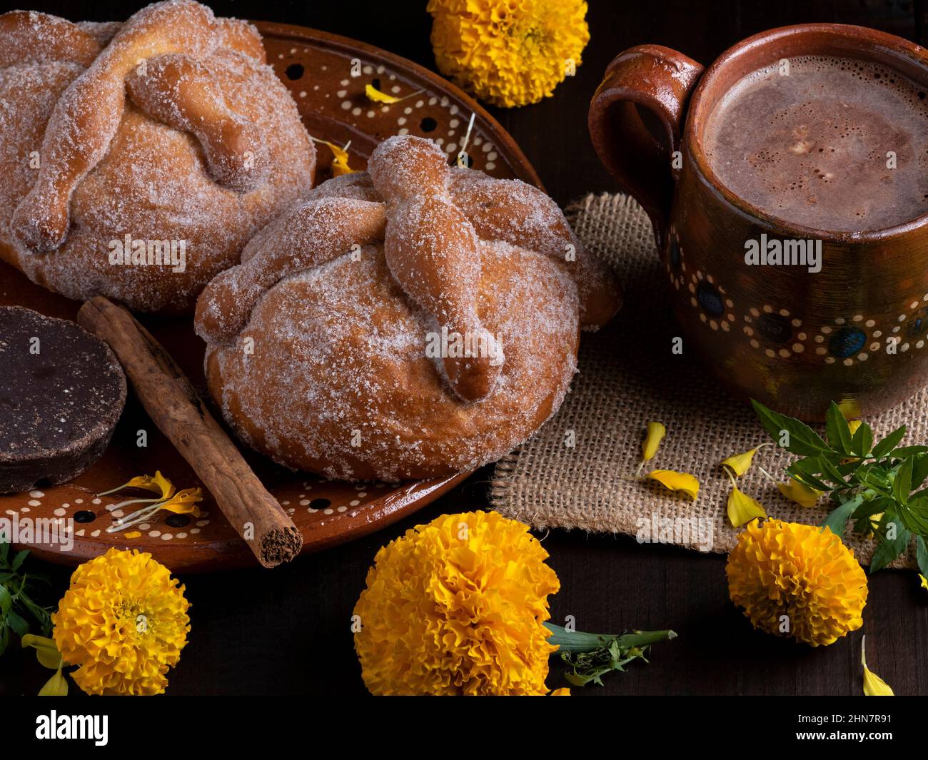 Dead bread with chocolate, Mexican food, traditions and customs. Stock Photo