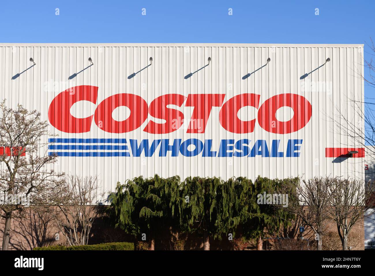 Burlington, WA, USA - February 12, 2022; Corporate sign on side of Costco Wholesale Warehouse location in Burlington Washington Stock Photo