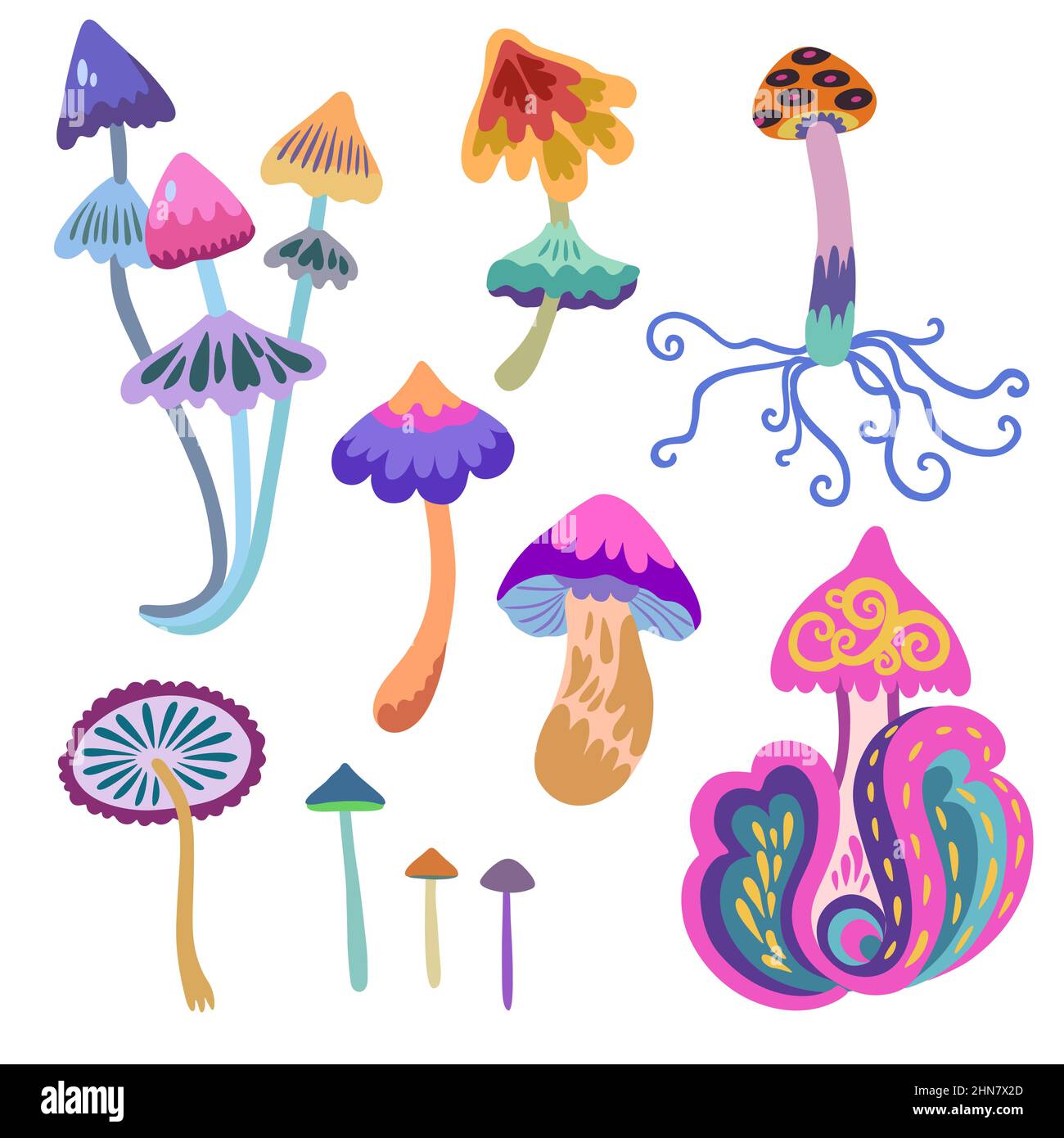 Set of psychedelic and fairy colorful mushrooms isolated on white background. Vector hand drawn illustration. Stock Vector
