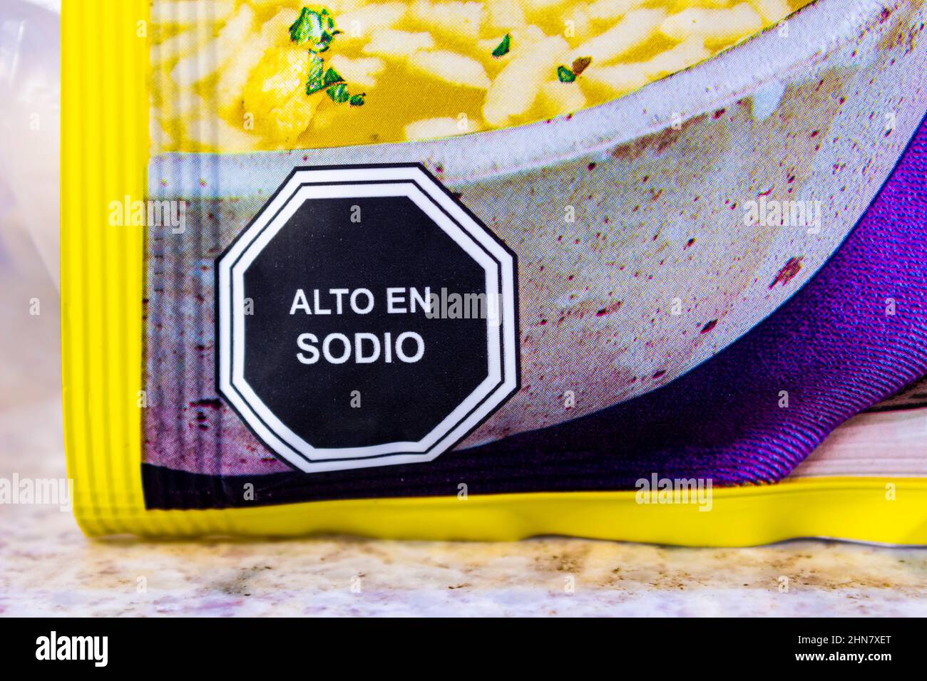 Food label on a chilean product. Translation: 'High in sodium' Stock Photo