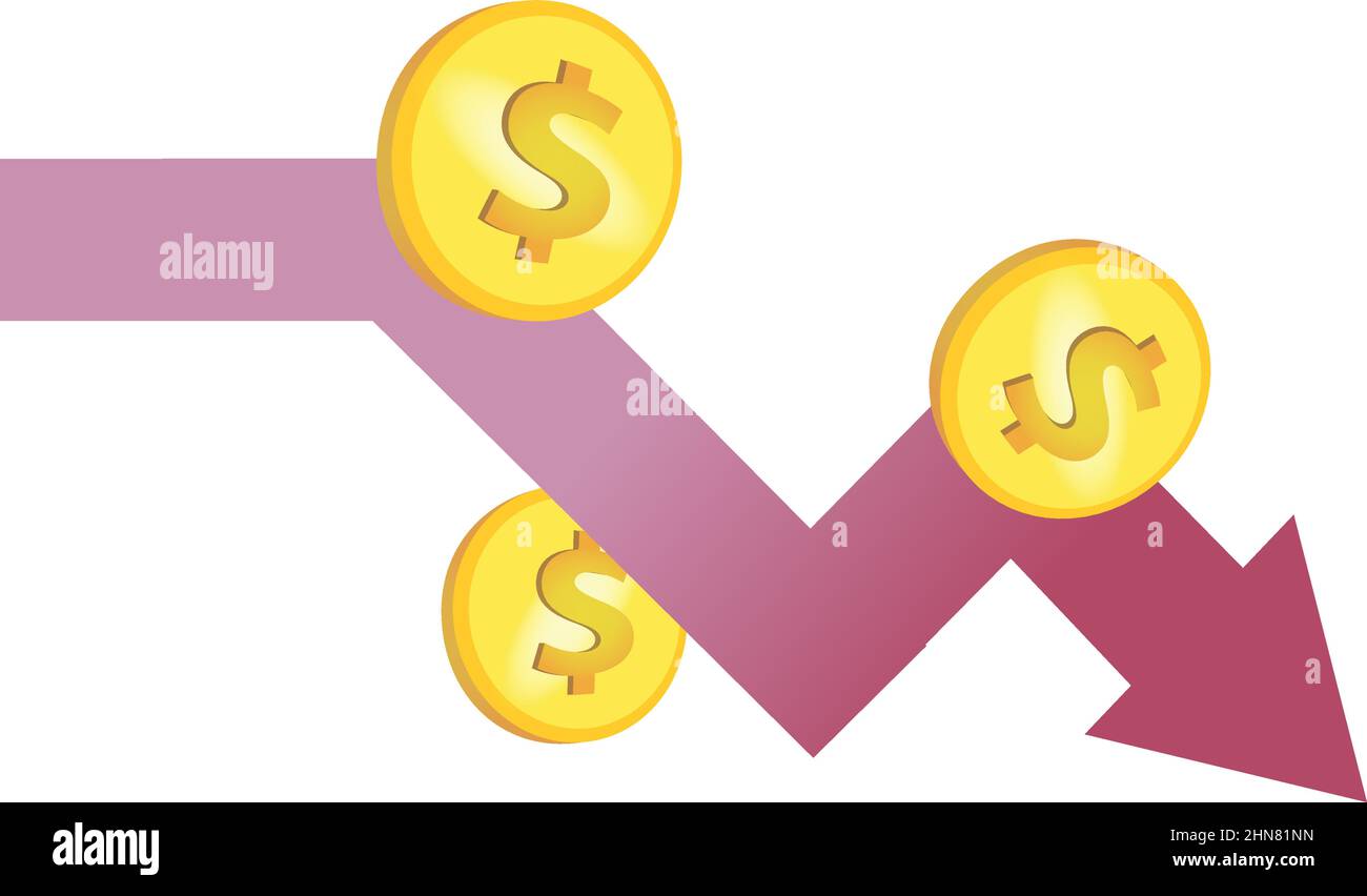 Money loss coins with down arrow stocks graph. Concept of financial crisis, market fall bankruptcy or budget recession. Investment expenses and bad ec Stock Vector