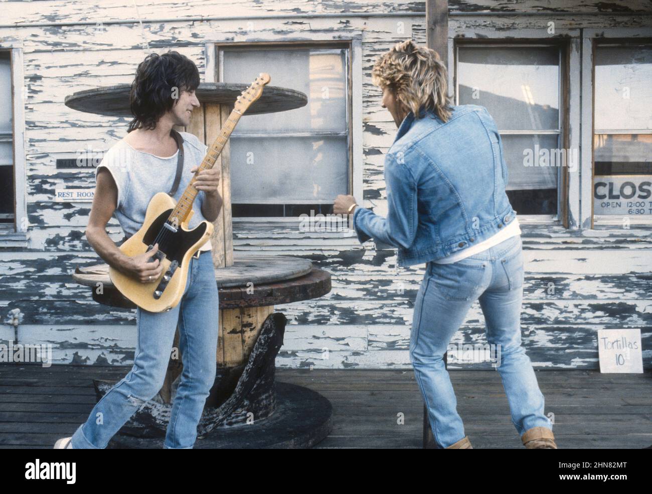 OXNARD, CA - MAY 12: Rod Stewart and Jeff Beck during filming of the ...