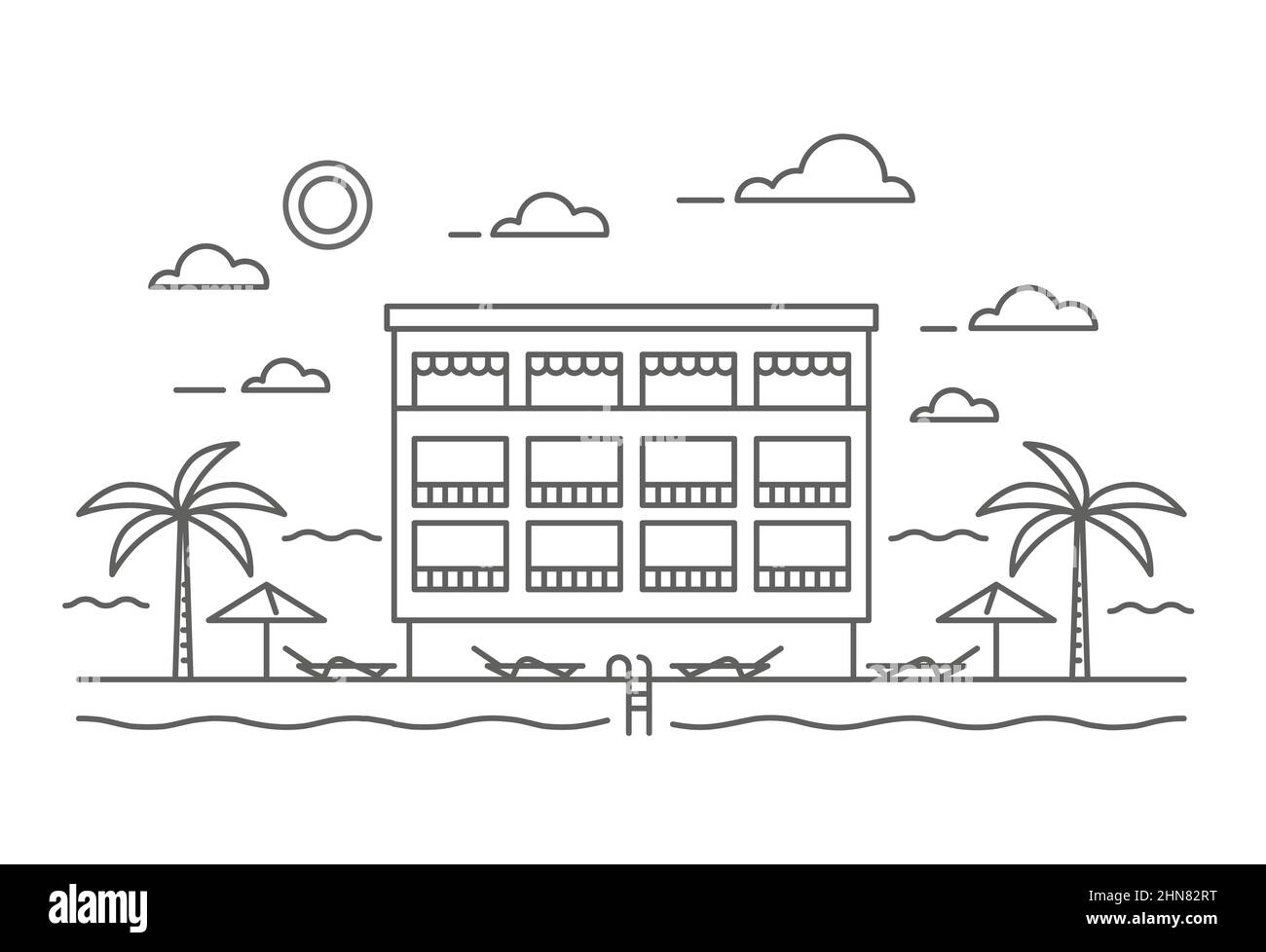 Hotel near the sea with water pool and palms. Outline resort and spa building. Vector illustration. Stock Vector