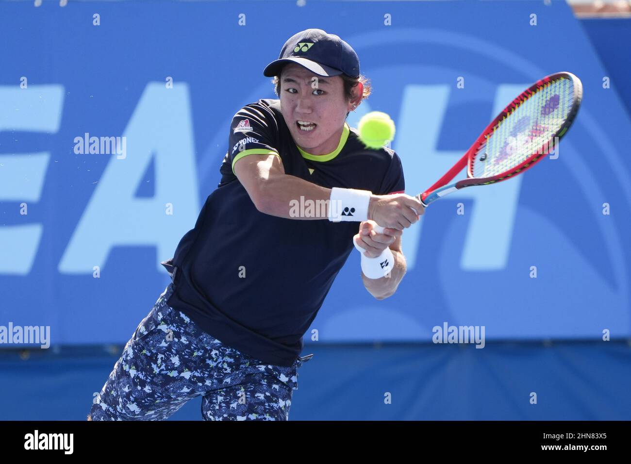 February, 14 - Delray Beach: Yoshihito Nishioka(JPN) in action here plays Oscar Otte(GER) during their first round match at the Delray Beach Open by Vitacost.com. Credit: Andrew Patron/MediaPunch Stock Photo