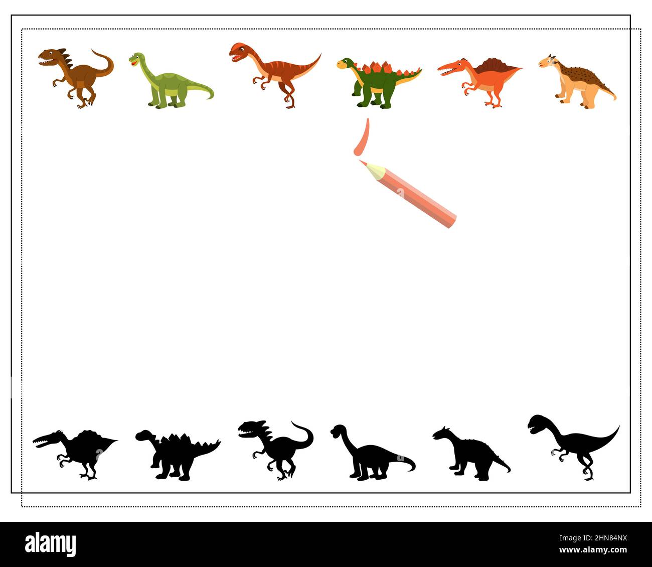 Children's logic game find the right shadow, cute cartoon dinosaur ...