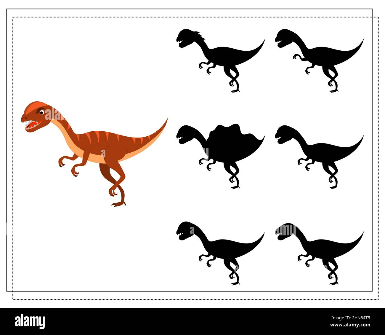 Children's logic game find the right shadow, cute cartoon dinosaur ...