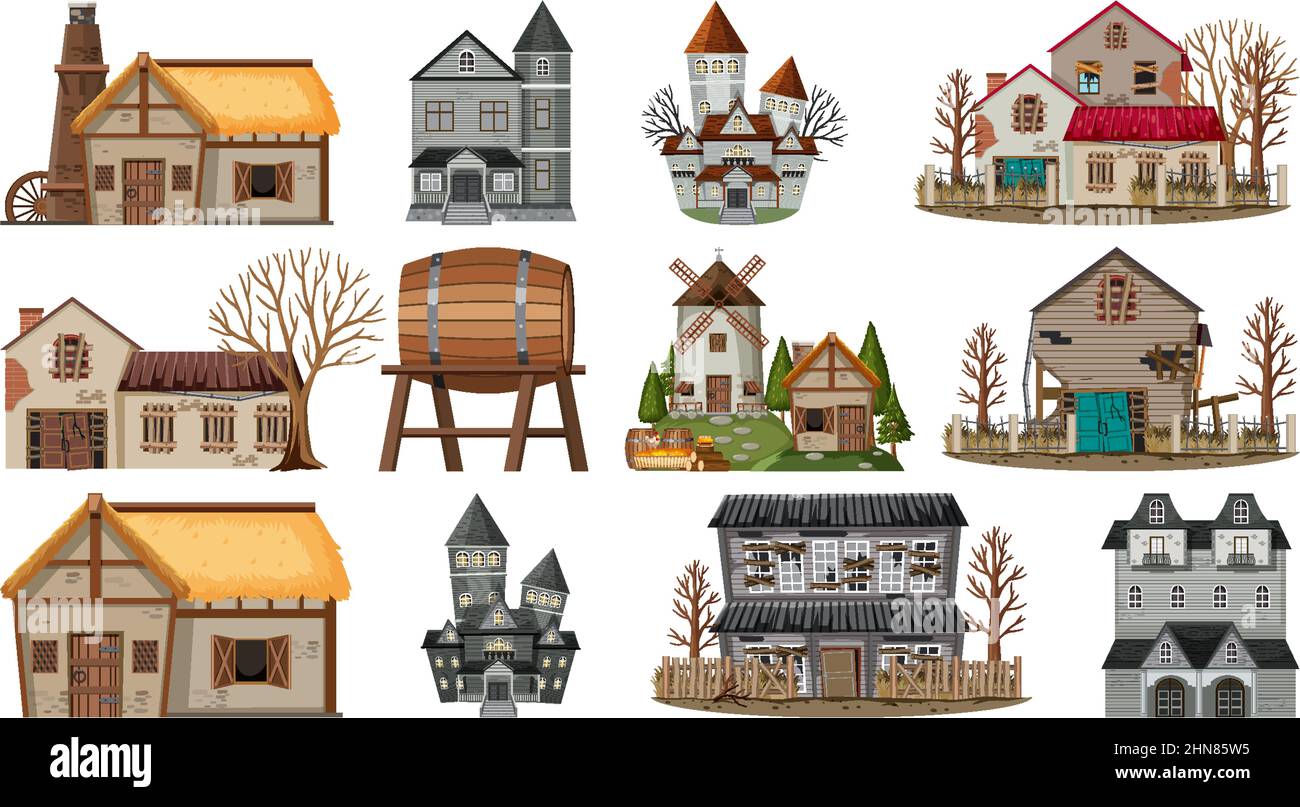 Set of abandoned houses and buildings illustration Stock Vector Image ...