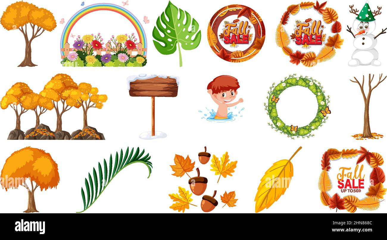 Set of four seasons trees and nature objects illustration Stock Vector ...