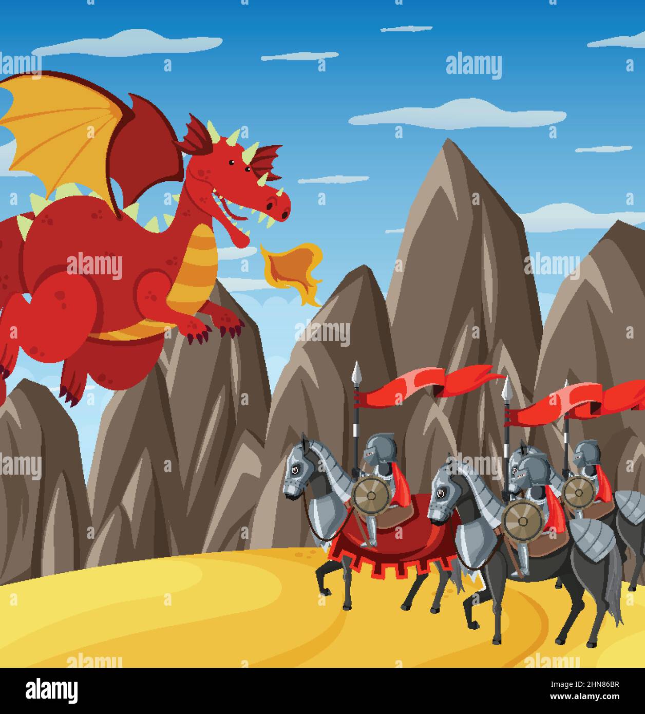 Medieval outdoor scene with knights fighting with dragon illustration ...