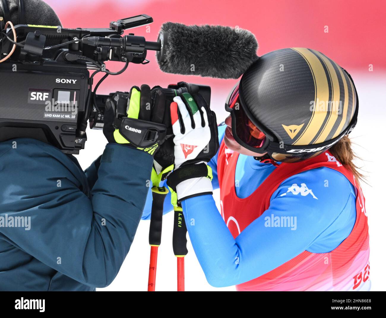 Sofia Goggia of Italy kisses the camera after the race during day eleven of  the Beijing 2022 Winter Olympic Games at the National Alpine Ski Center in  Beijing, China. Picture date: Tuesday