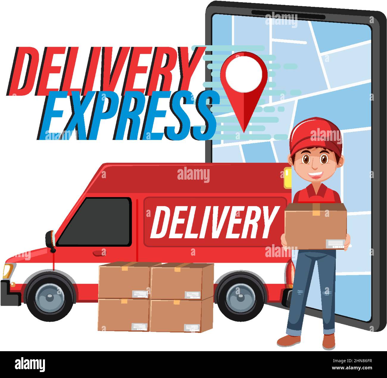 Delivery Express logo with panel van and courier illustration Stock ...