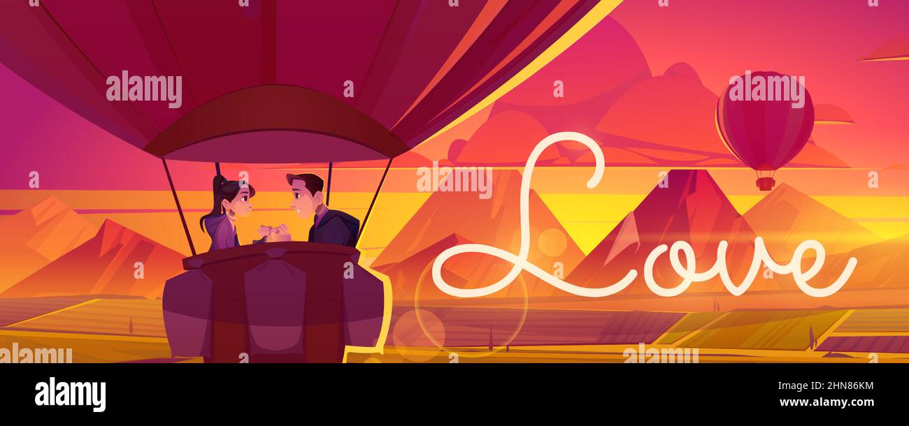 Love poster with happy couple flying in hot air balloon above mountain ...