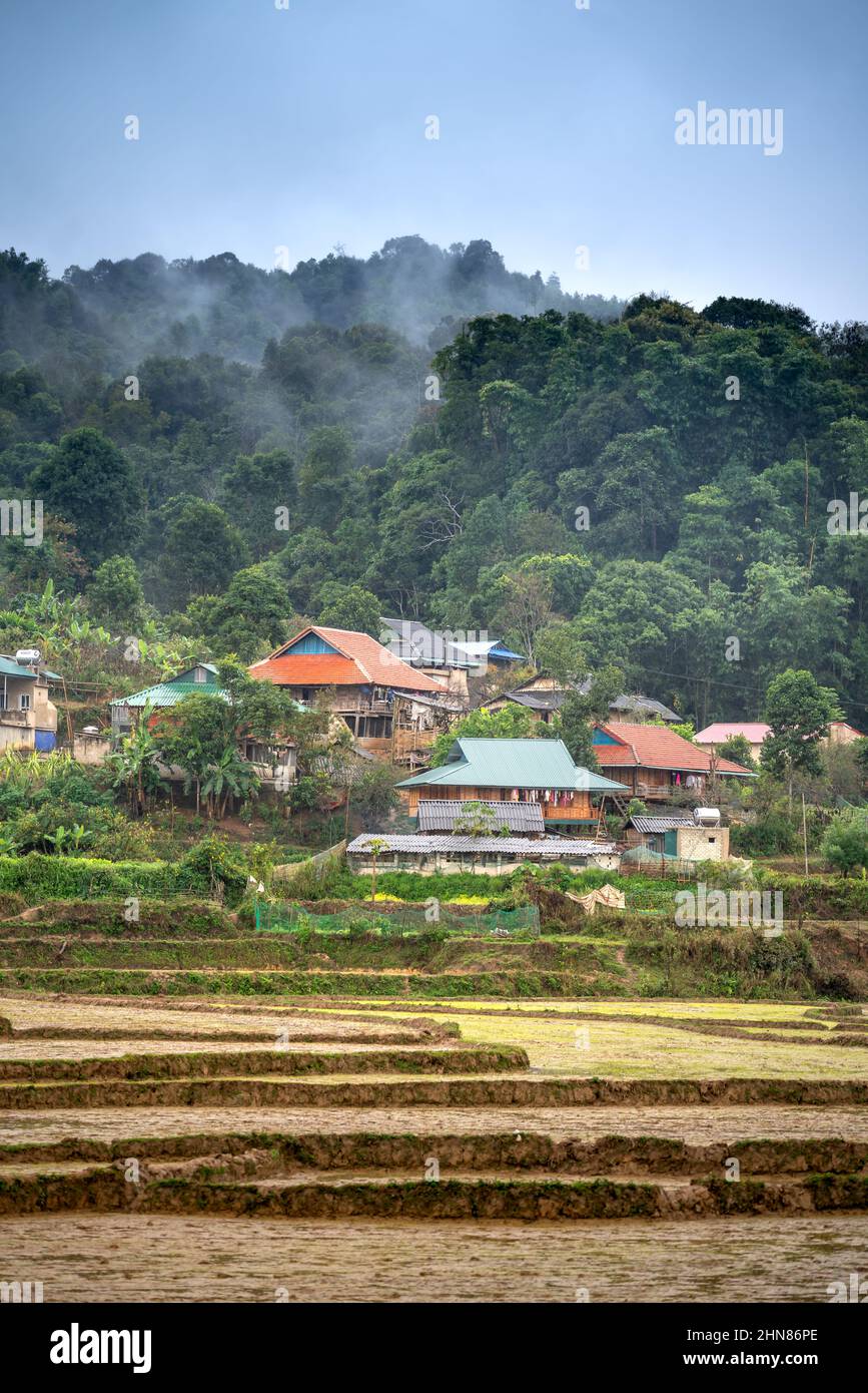 Moc Chau Town, Son La Province, Vietnam- January 16, 2022: A village of ethnic minorities in Moc Chau Town, Son La Province, Vietnam Stock Photo