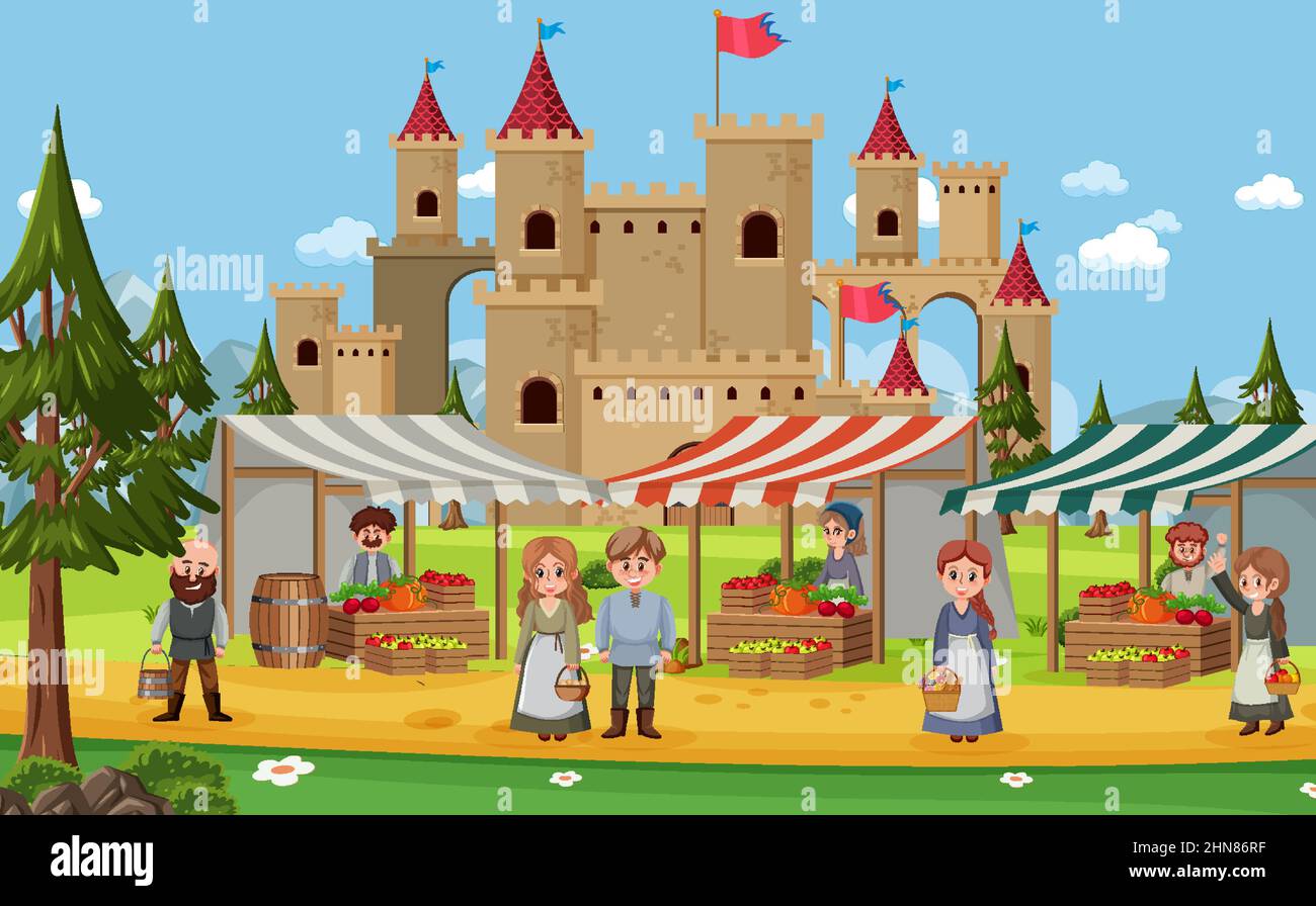 Medieval market scene with villagers illustration Stock Vector Image ...