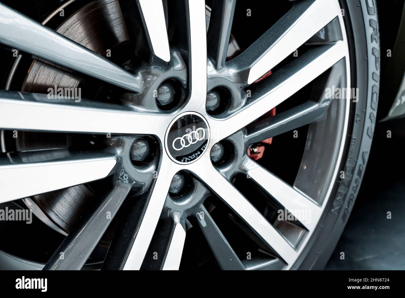 18 October 2021, Ufa, Russia Audi lowprofile tire and wheel on a luxury and expensive car