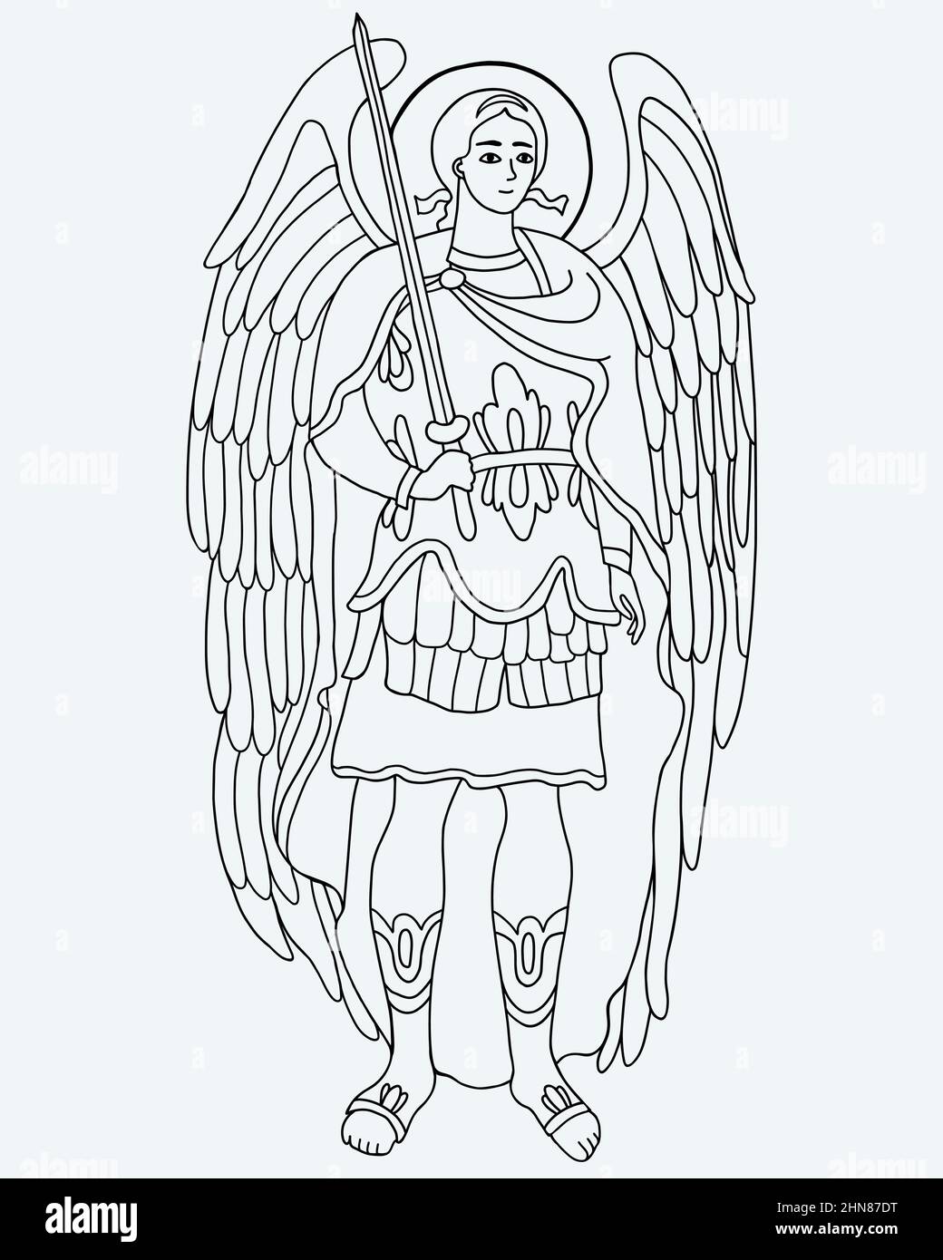 Archangel Michael in armor with sword. Vector illustration. Outline hand drawing. Religious concept for Catholic and Orthodox communities and holidays Stock Vector