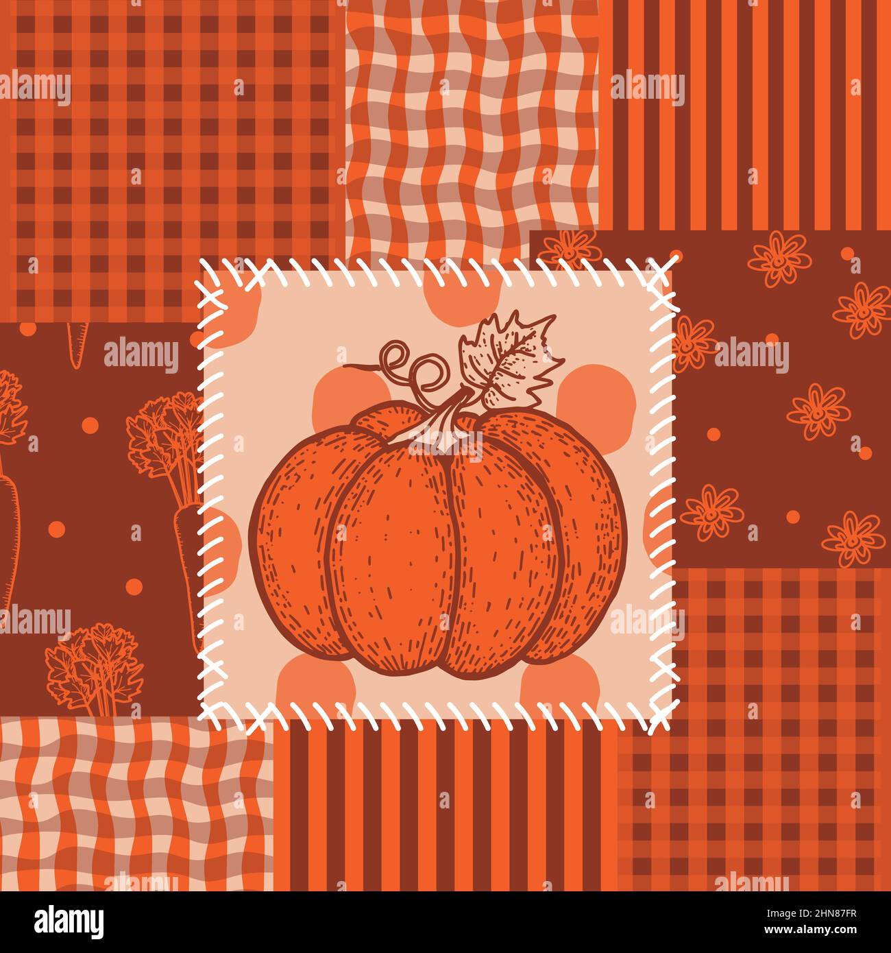 Patchwork seamless pattern. Pumpkin. Ornaments in bright colors. Vector illustration. Stock Vector