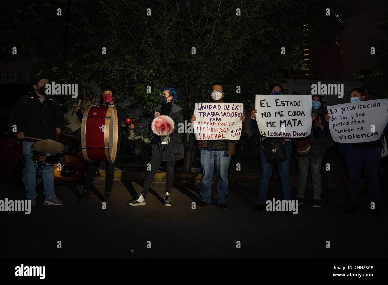 Mexico City, Mexico. 14th Feb, 2022. protestors hold signs and bang